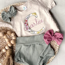 Load image into Gallery viewer, Vintage floral baby girl outfit with bummies, cottagecore baby girl outfit, personalized baby outfit with bows, sage, dusty rose
