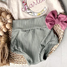 Load image into Gallery viewer, Vintage floral baby girl outfit with bummies, cottagecore baby girl outfit, personalized baby outfit with bows, sage, dusty rose
