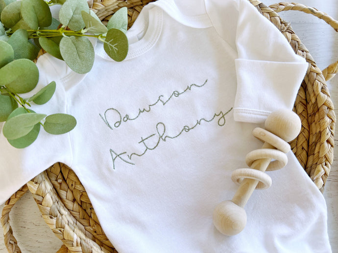 Personalized white and sage baby romper and hat set, neutral custom coming home outfit, baby shower gift, gender neutral