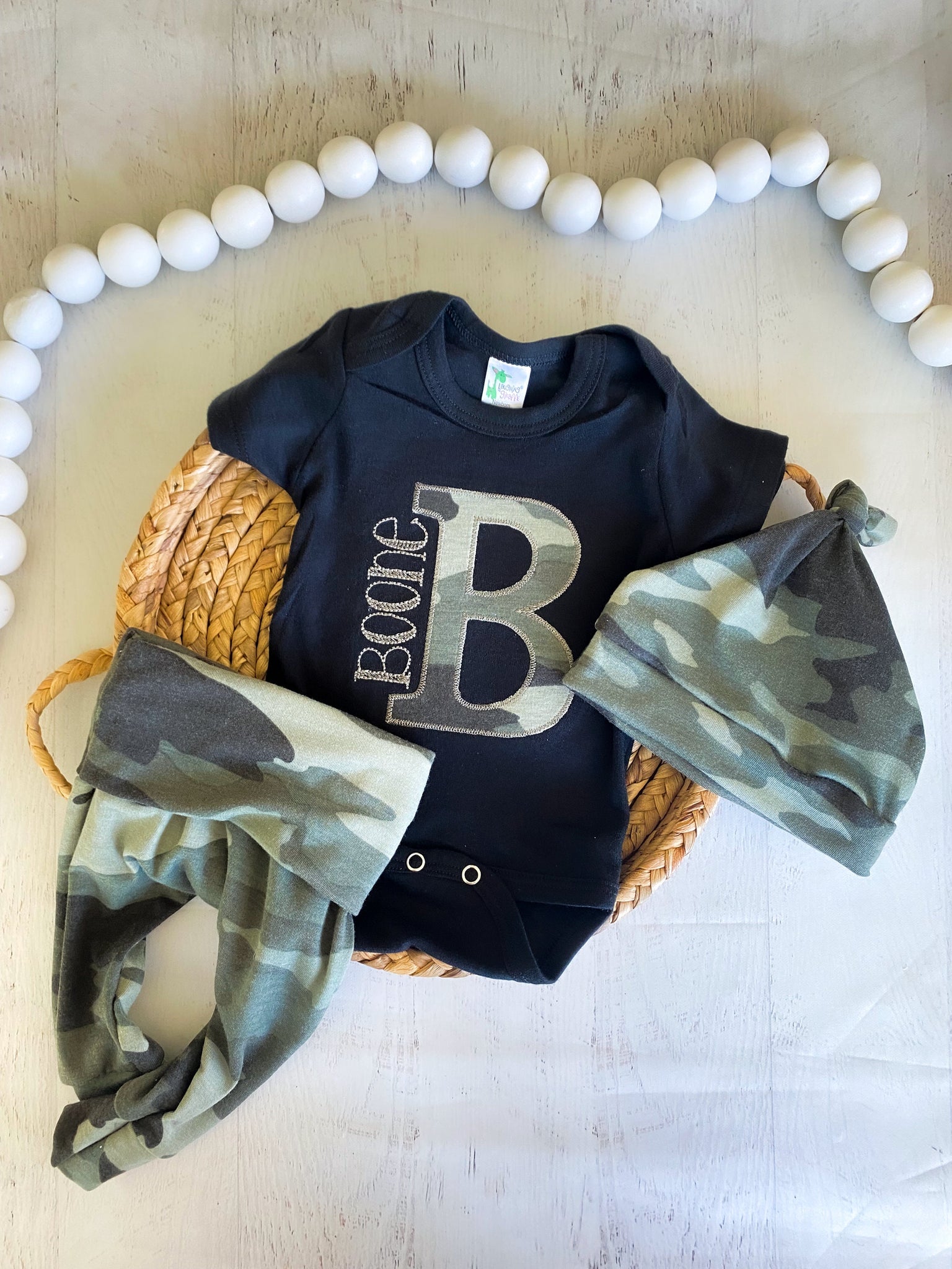 Personalized Camo Baby Boy Outfit Summer Black Bodysuit With