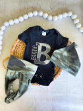 Load image into Gallery viewer, Green camo baby boy outfit, bummies, camo print outfit for baby boy, black personalized outfit, boys newborn outfit pants
