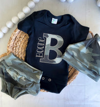 Load image into Gallery viewer, Green camo baby boy outfit, bummies, camo print outfit for baby boy, black personalized outfit, boys newborn outfit pants
