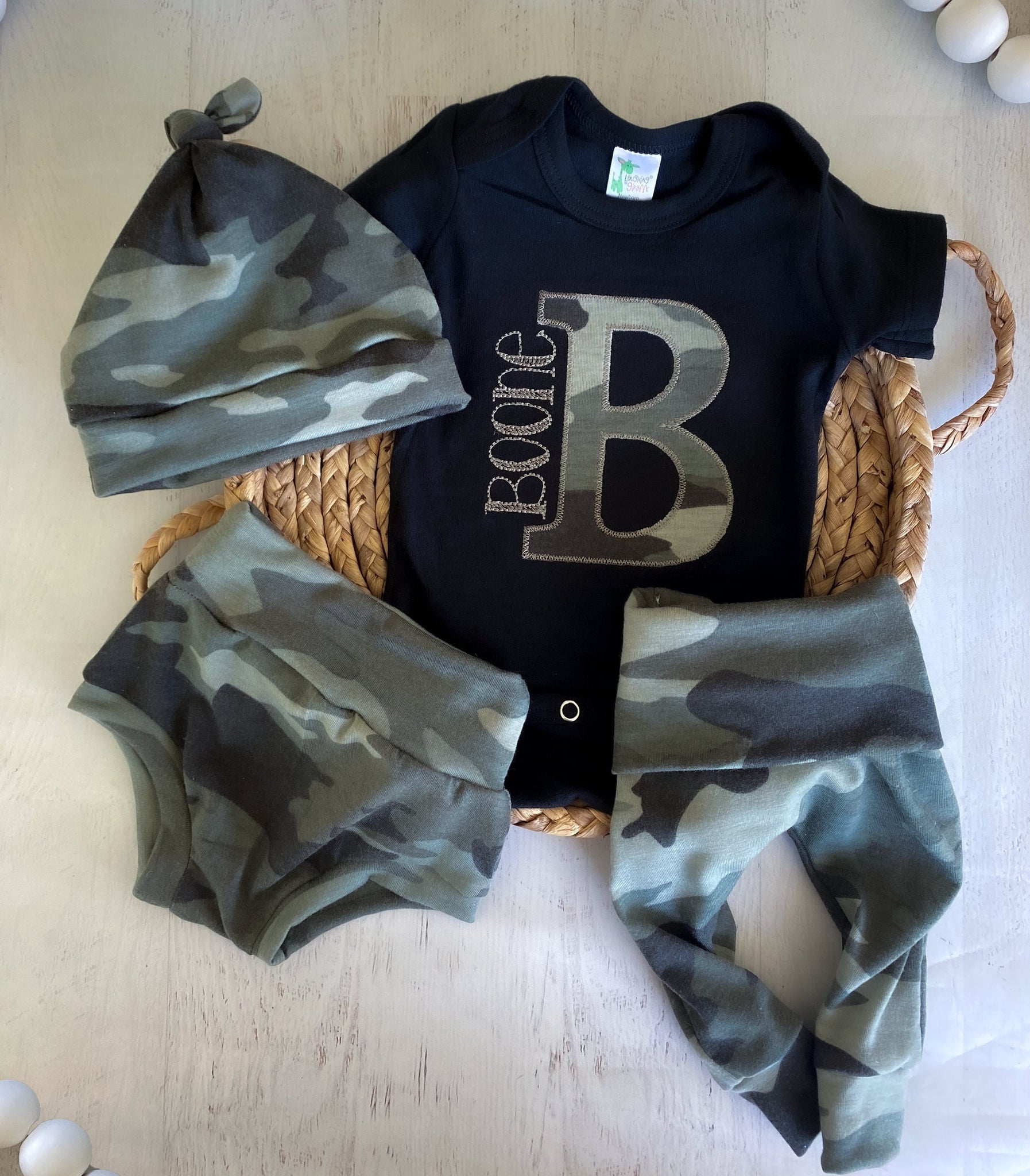 Personalized Camo Baby Boy Outfit Summer Black Bodysuit With Camo In