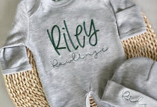 Load image into Gallery viewer, Personalized baby romper and hat set, custom infant boy coming home outfit, baby shower gift, gray sleeper with footies, green, twin outfit
