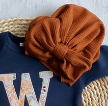 Load image into Gallery viewer, Personalized romper and turban set, custom girl coming home outfit, baby shower gift, navy beige orange, fall newborn baby, baby turban
