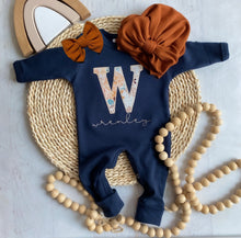 Load image into Gallery viewer, Personalized romper and turban set, custom girl coming home outfit, baby shower gift, navy beige orange, fall newborn baby, baby turban
