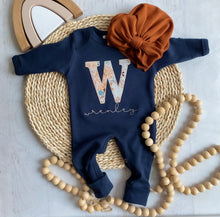 Load image into Gallery viewer, Personalized romper and turban set, custom girl coming home outfit, baby shower gift, navy beige orange, fall newborn baby, baby turban
