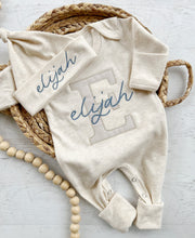 Load image into Gallery viewer, Personalized neutral baby romper and hat set, custom infant boy coming home outfit, baby shower gift, oatmeal sleeper with footies
