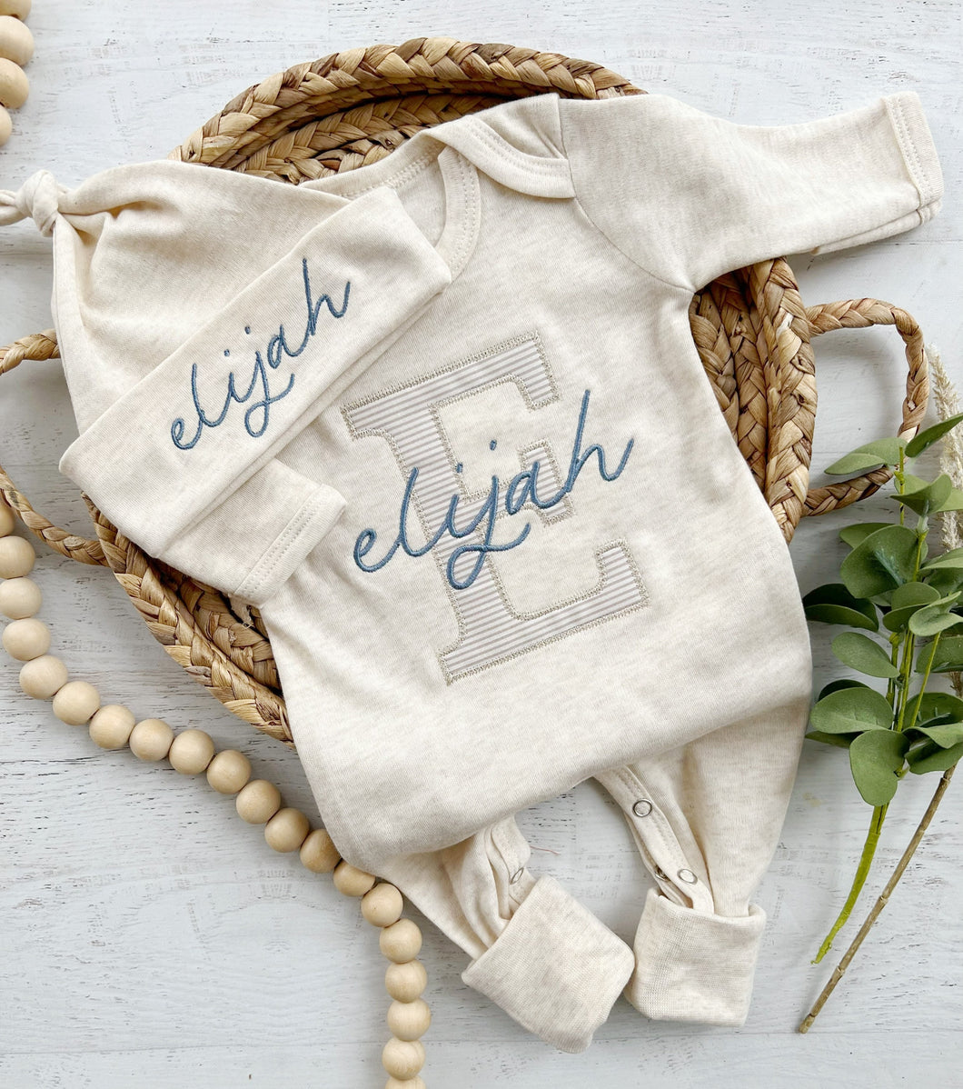 Personalized neutral baby romper and hat set, custom infant boy coming home outfit, baby shower gift, oatmeal sleeper with footies