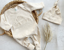 Load image into Gallery viewer, Personalized oatmeal baby romper and hat set, custom coming home outfit, sketch stitch boys outfit, baby shower gift, neutral
