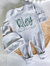 Load image into Gallery viewer, Personalized baby romper and hat set, custom infant boy coming home outfit, baby shower gift, gray sleeper with footies, green, twin outfit
