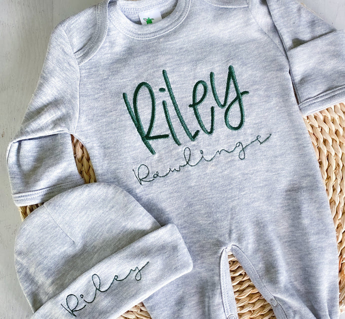 Personalized baby romper and hat set, custom infant boy coming home outfit, baby shower gift, gray sleeper with footies, green, twin outfit