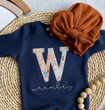 Load image into Gallery viewer, Personalized romper and turban set, custom girl coming home outfit, baby shower gift, navy beige orange, fall newborn baby, baby turban
