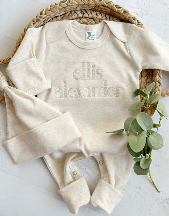 Personalized oatmeal baby romper and hat set, custom coming home outfit, sketch stitch boys outfit, baby shower gift, neutral