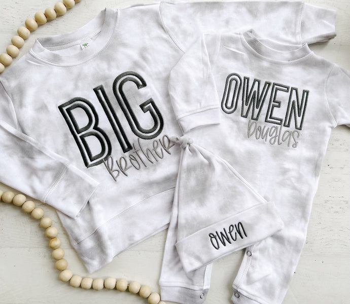 Personalized smokey gray matching big brother sweat shirt romper newborn outfit, matching siblings outfit pictures, hospital outfit for boy