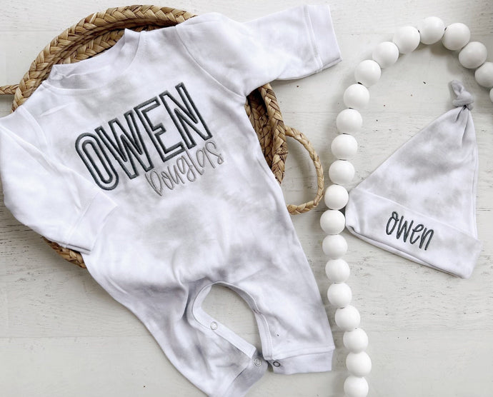 Personalized smoke gray romper newborn outfit, coming home outfit for baby boy, light gray tie dye baby outfit, hospital outfit for boy
