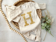 Load image into Gallery viewer, Personalized baby romper and hat set, wheat and honey custom coming home outfit, baby shower gift, sleeper with footies
