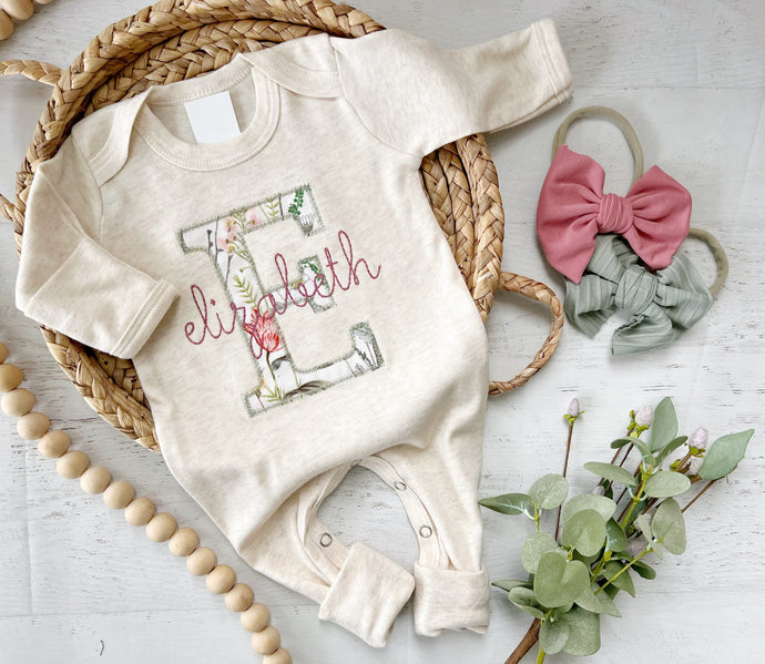 Personalized baby girl romper and hat set, vintage blush floral infant coming home outfit, baby shower gift, sleeper with footies