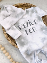 Load image into Gallery viewer, Personalized tone on tone baby romper and hat set, custom coming home outfit, sketch stitch outfit, baby shower gift, neutral tie dye gray
