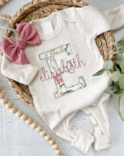 Load image into Gallery viewer, Personalized baby girl romper and hat set, vintage blush floral infant coming home outfit, baby shower gift, sleeper with footies
