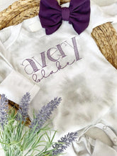 Load image into Gallery viewer, Personalized baby girl romper and bow set, infant coming home outfit, baby shower gift, sleeper with footies, purple gray, custom name,
