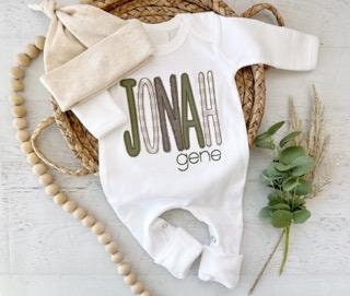 Personalized baby boy romper and bow set, custom coming home outfit for boy, baby shower gift, green brown and sage, cottagecore baby outfit