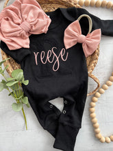 Load image into Gallery viewer, Personalized black baby romper and bow set, custom coming home outfit, black lace girl outfit, baby shower gift, neutral, tone on tone
