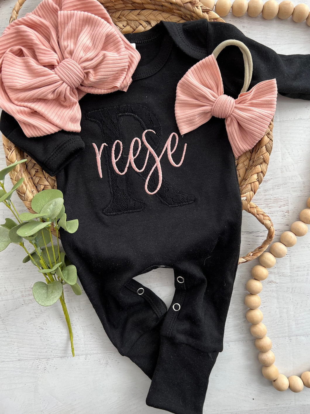 Personalized black baby romper and bow set, custom coming home outfit, black lace girl outfit, baby shower gift, neutral, tone on tone