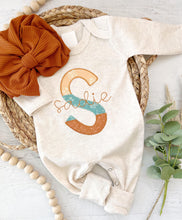 Load image into Gallery viewer, Personalized baby girl romper and hat set, vintage tiny floral infant coming home outfit, baby shower gift, sleeper, custom name block color
