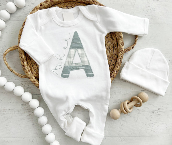 Personalized neutral baby romper and hat set, custom infant boy coming home outfit, baby shower gift, sleeper with footies, blue cute baby