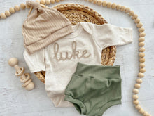 Load image into Gallery viewer, Personalized green, and beige newborn outfit, custom name boy, coming home outfit for baby boy, baby boy outfit, hospital outfit for boy
