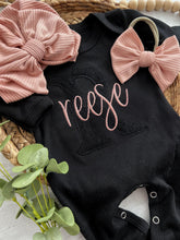 Load image into Gallery viewer, Personalized black baby romper and bow set, custom coming home outfit, black lace girl outfit, baby shower gift, neutral, tone on tone
