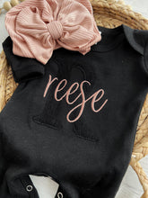 Load image into Gallery viewer, Personalized black baby romper and bow set, custom coming home outfit, black lace girl outfit, baby shower gift, neutral, tone on tone
