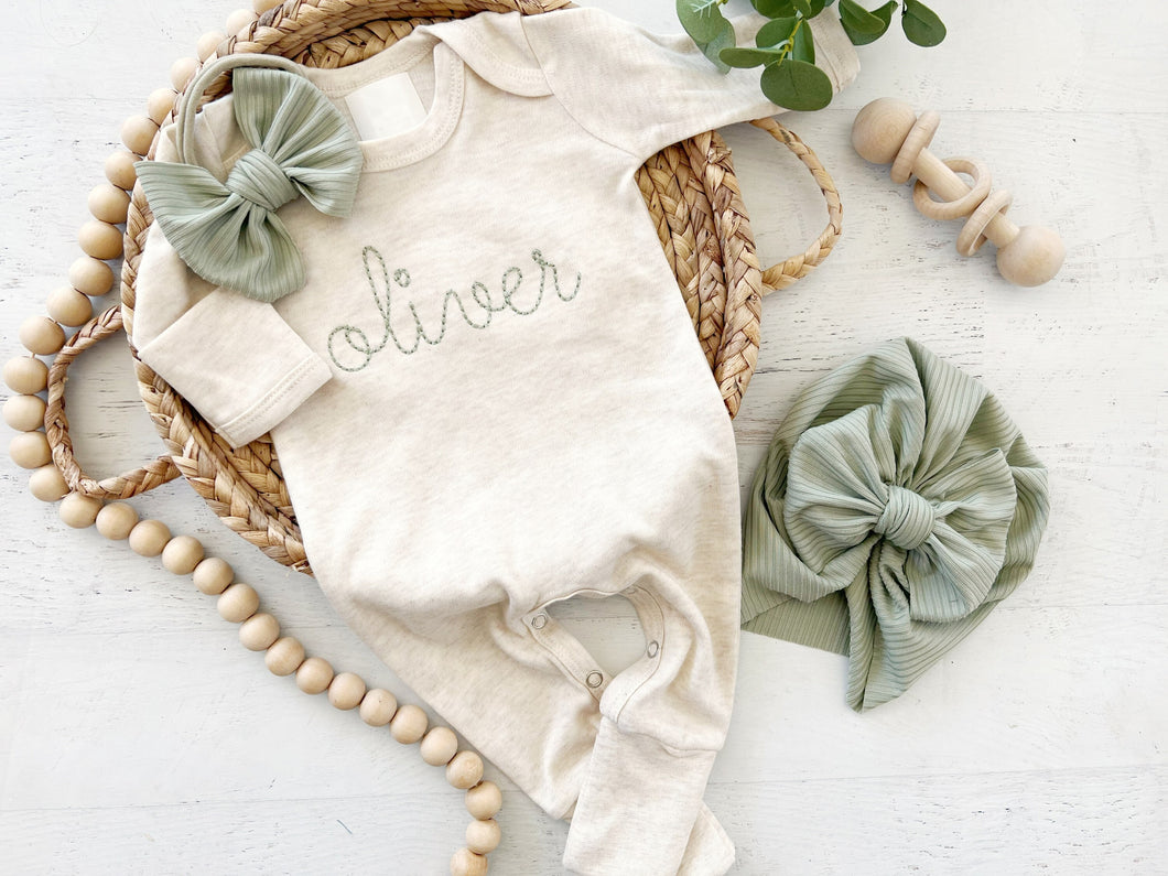 Personalized oatmeal and sage vintage stitch girl romper with bow or turban, custom girl coming home outfit, baby shower gift