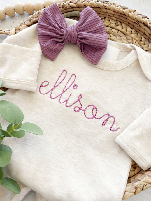 Personalized oatmeal and vintage mauve romper with bow or turban, custom girl coming home outfit, baby shower gift