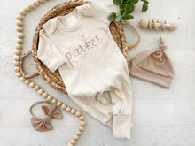 Load image into Gallery viewer, Personalized oatmeal and taupe vintage stitch girl romper with bow or hat, custom gender neutral coming home outfit, baby shower gift
