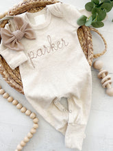 Load image into Gallery viewer, Personalized oatmeal and taupe vintage stitch girl romper with bow or hat, custom gender neutral coming home outfit, baby shower gift
