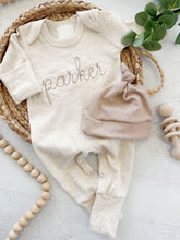 Load image into Gallery viewer, Personalized oatmeal and taupe vintage stitch girl romper with bow or hat, custom gender neutral coming home outfit, baby shower gift
