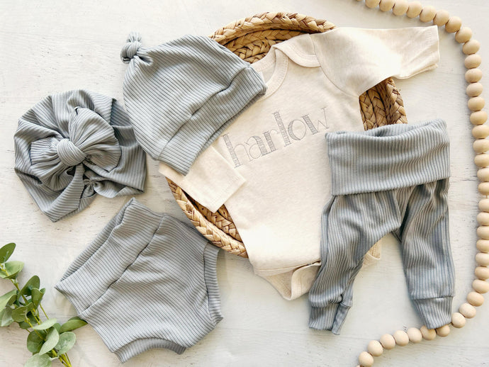 Personalized dusty blue newborn outfit, custom name boy girl, coming home outfit for baby boy, baby girl outfit, hospital outfit for boy