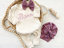 Load image into Gallery viewer, Personalized oatmeal and vintage mauve romper with bow or turban, custom girl coming home outfit, baby shower gift
