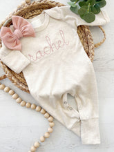 Load image into Gallery viewer, Personalized oatmeal and blush vintage stitch girl romper with bow or turban, custom girl coming home outfit, baby shower gift
