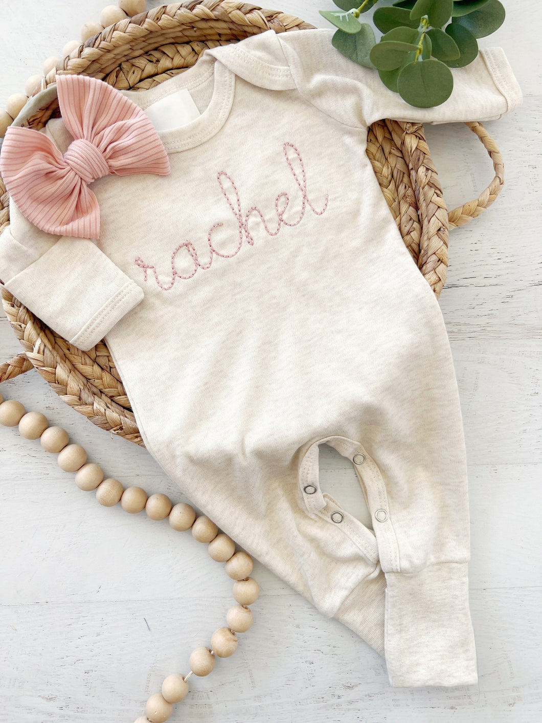 Personalized oatmeal and blush vintage stitch girl romper with bow or turban, custom girl coming home outfit, baby shower gift