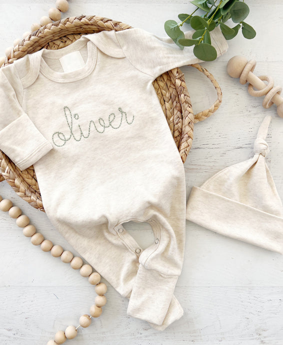 Personalized oatmeal and sage vintage stitch romper with hat, custom baby boy coming home outfit, baby shower gift