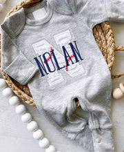 Load image into Gallery viewer, Personalized baseball baby romper, embroidered baseball baby outfit, baseball romper for baby, custom name baby outfit, blue
