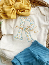 Load image into Gallery viewer, Personalized blue yellow newborn outfit,custom name girl, coming home outfit for baby girl, baby girl outfit, hospital outfit girl, floral
