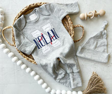 Load image into Gallery viewer, Personalized baseball baby romper, embroidered baseball baby outfit, baseball romper for baby, custom name baby outfit, blue
