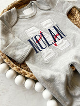 Load image into Gallery viewer, Personalized baseball baby romper, embroidered baseball baby outfit, baseball romper for baby, custom name baby outfit, blue
