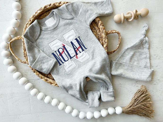 Personalized baseball baby romper, embroidered baseball baby outfit, baseball romper for baby, custom name baby outfit, blue