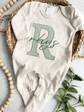 Load image into Gallery viewer, Personalized neutral baby romper and hat set, custom infant boy coming home outfit, baby shower gift, beige sleeper with footies, Sage Green
