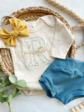 Load image into Gallery viewer, Personalized blue yellow newborn outfit,custom name girl, coming home outfit for baby girl, baby girl outfit, hospital outfit girl, floral
